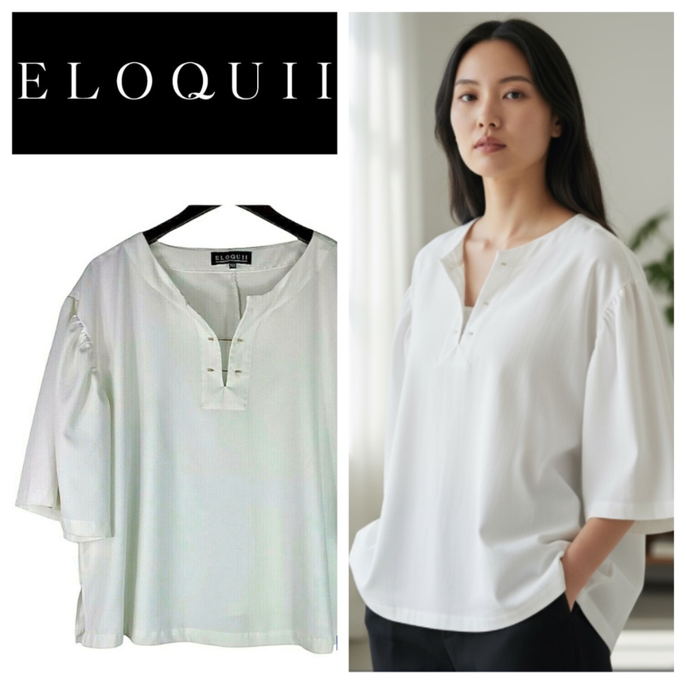 Eloquii 18 20 2X XXL Plus Top Tunic Shirt White Flutter Sleeve Gold Pin Romantic
